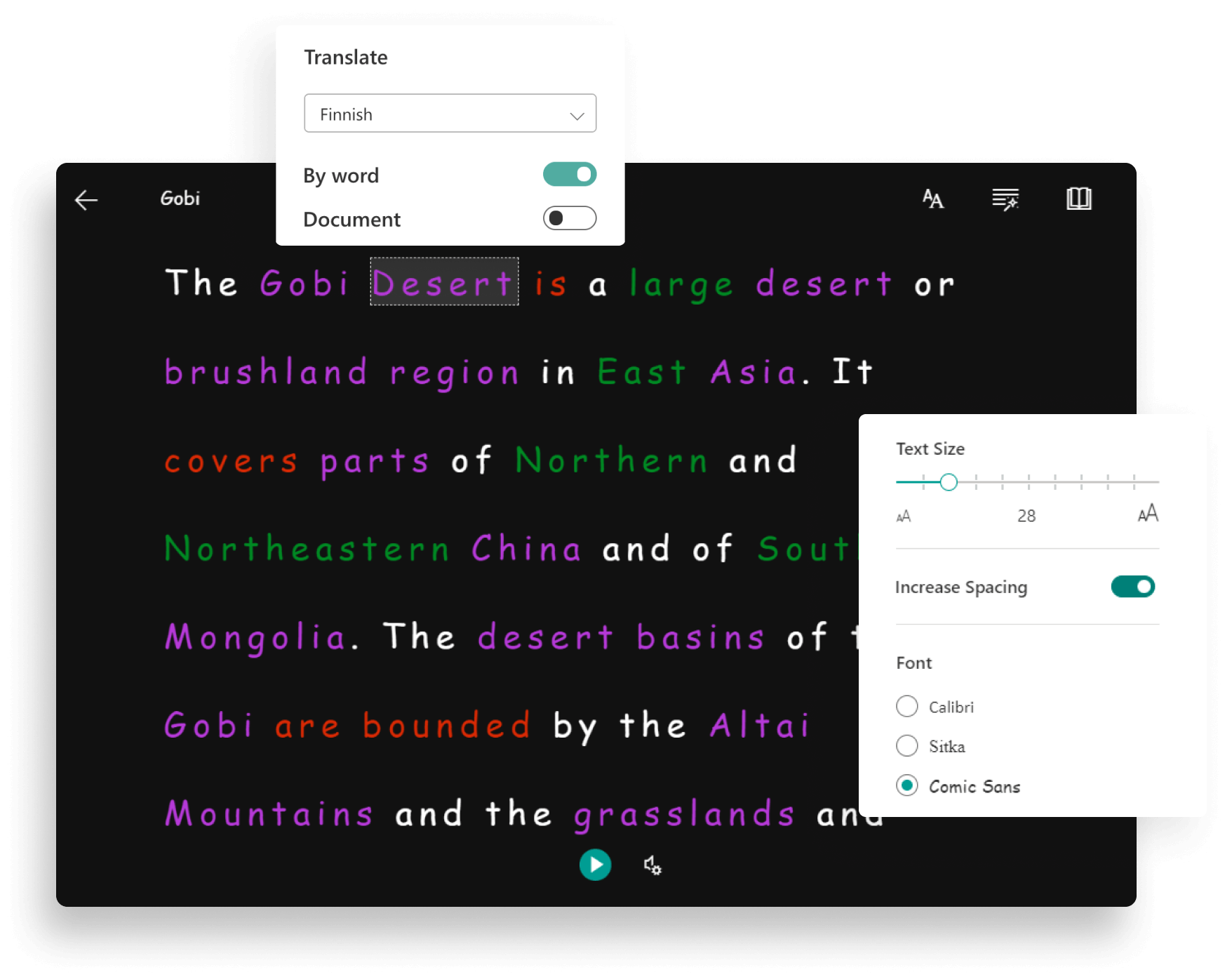 Screenshot of the immersive reader
