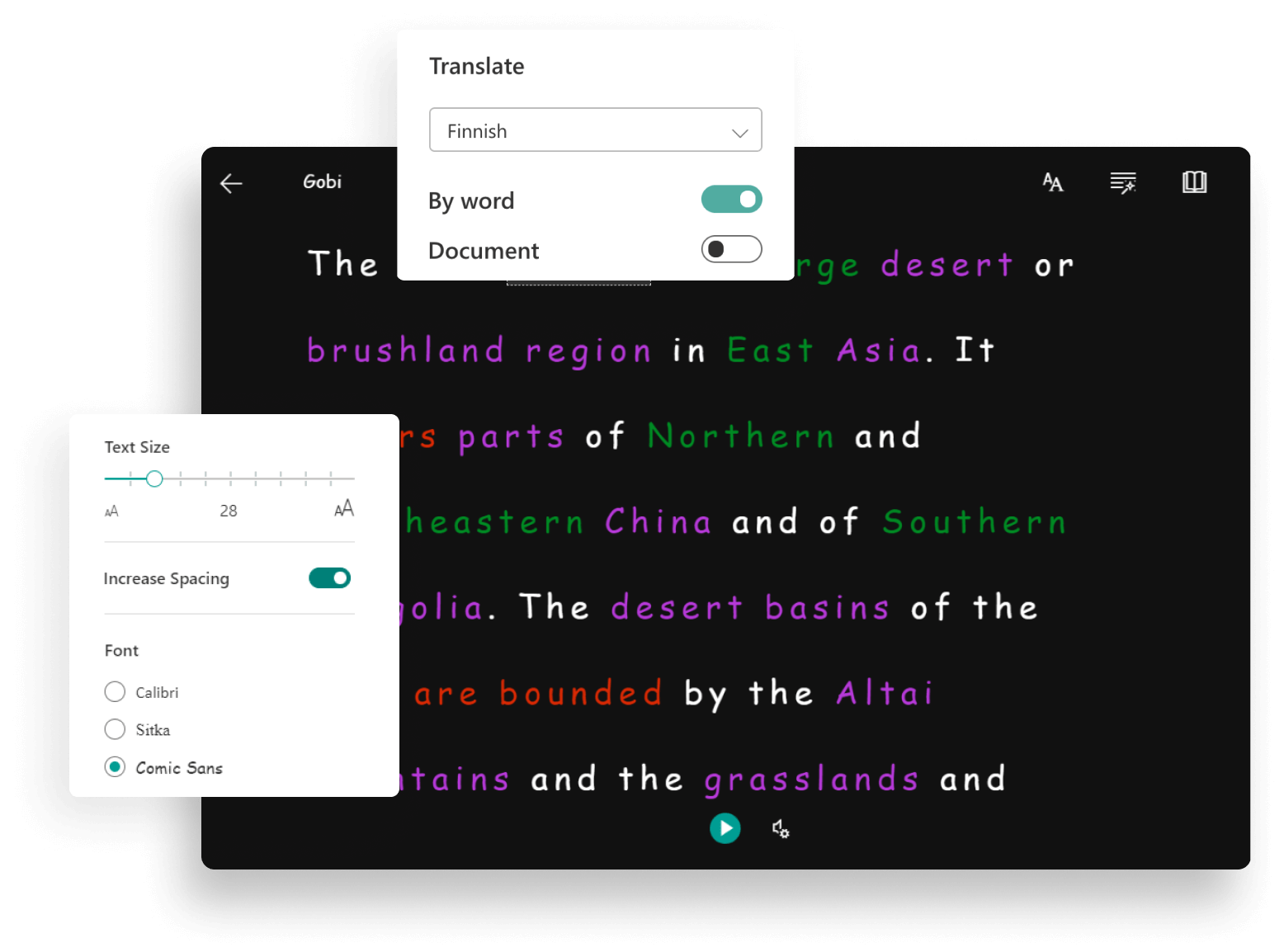 Screenshot of the immersive reader